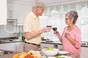 Senior couple preparing lunch together having red wine