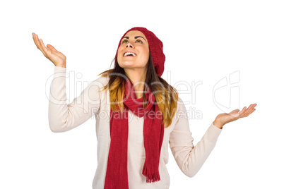 surprised brunette with hands out surprised brunette with hands out