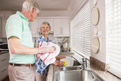 Senior couple washing the dishes