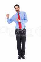 Happy businessman showing something to camera