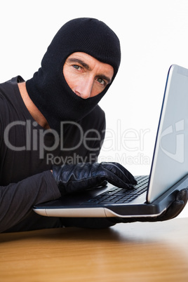 Burglar typing on laptop and looking at camera