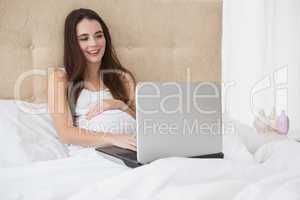 Pregnant brunette using laptop in bed