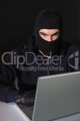 Burglar sitting hacking laptop while looking at camera
