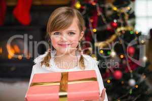 Portrait of a smiling little girl holding a wrapped gift