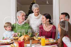 Happy family talking together at christmas dinner