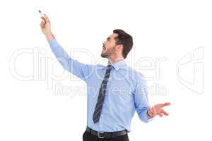 Happy businessman pointing something with marker