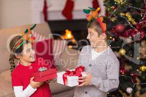 Brother and sister in headband holding present