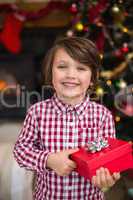 Festive little boy holding a gift