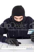 Concentrated burglar in balaclava shopping online