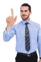 Happy businessman standing and pointing up