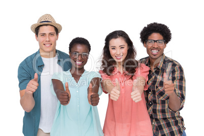 Stylish friends smiling at camera together