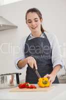 Pretty brunette slicing vegetables at the counter