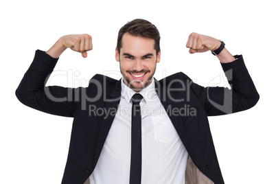 Happy businessman in suit cheering