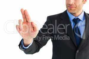 Businessman pointing these fingers at camera