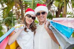 Festive couple holding shopping bags