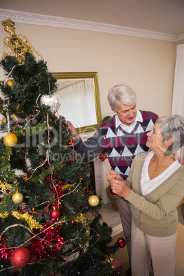 Senior couple decorating their christmas tree