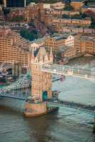 Aerial view of Tower Bridge and London skyline
