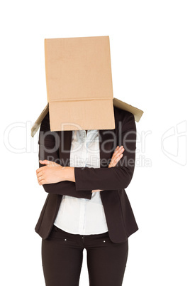 Businesswoman with box over head