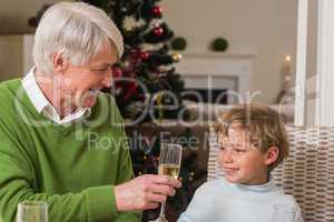 Grandfather showing glass of champagne to his grandson