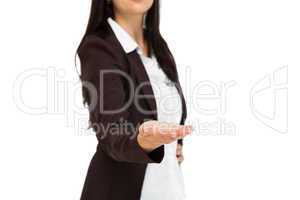 Pretty businesswoman presenting with hand