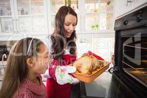 Surprised mother and daughter with roast turkey