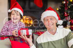 Portrait of smiling father and son at christmas