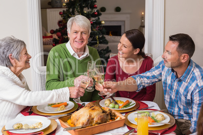 Portrait of happy family toasting at christmas dinner