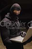 Burglar standing holding laptop while looking at camera