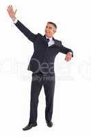 Happy businessman standing and waving