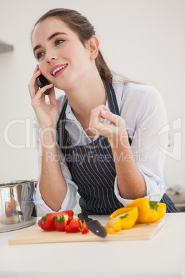 Pretty brunette on the phone while cooking