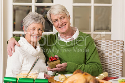 Senior couple holding a christmas present