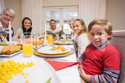 Three generation family having christmas dinner together