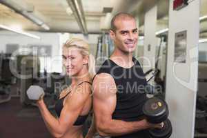 Couple exercising with dumbbells in gym