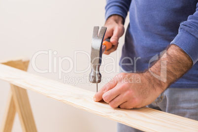 Casual man hammering nail in plank