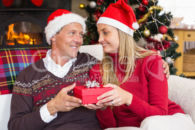 Smiling couple in santa hat holding present