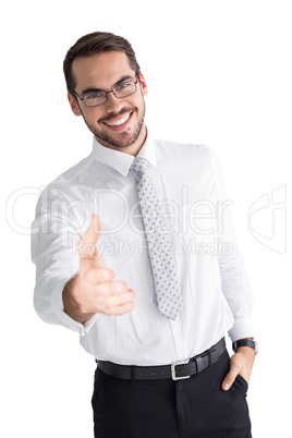 Happy businessman with glasses offering handshake