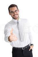 Happy businessman with glasses offering handshake