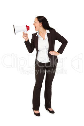 Pretty businesswoman shouting with megaphone