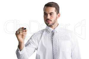 Cheerful businessman writing with marker