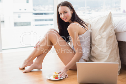 Pretty brunette using laptop sitting on floor