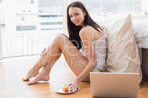 Pretty brunette using laptop sitting on floor