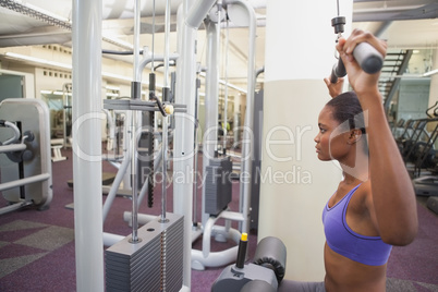 Fit woman using the weights machine for her arms