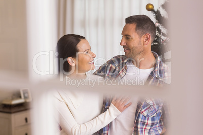 Happy couple hugging near the christmas tree