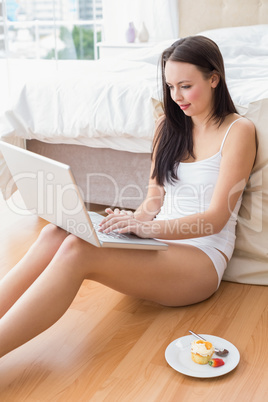 Pretty brunette using laptop sitting on floor