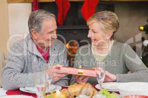 Senior man offering a christmas present to his wife