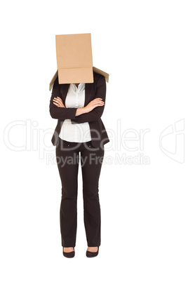 Businesswoman with box over head