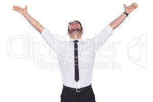 Cheering businessman with his arms raised up