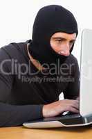 Burglar with balaclava using laptop