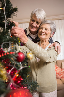 Senior couple decorating their christmas tree