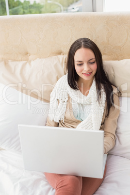 Pretty brunette using laptop on bed